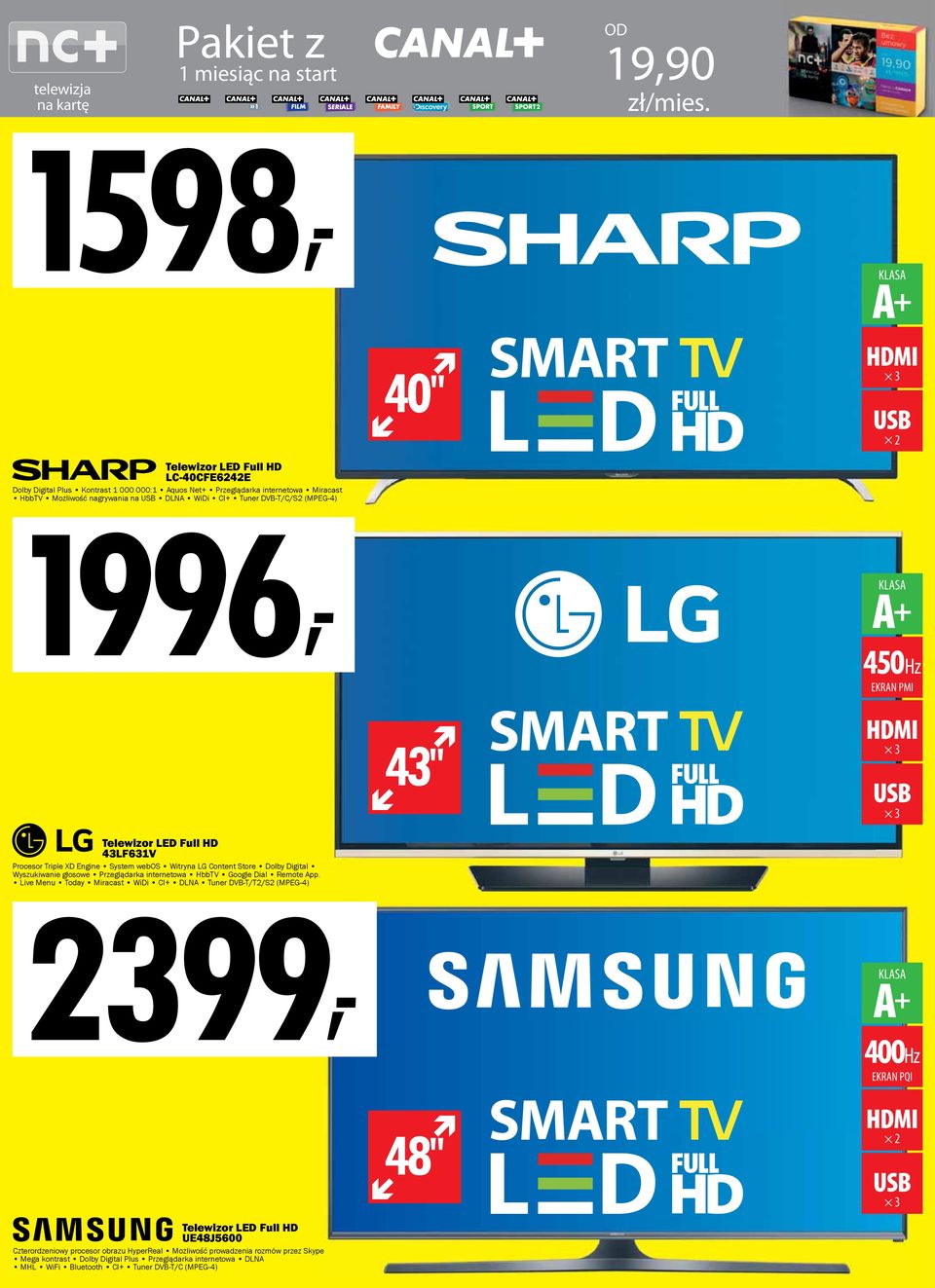 DVB-T/C/S2 (MPEG-4) A+ 450Hz PMI 43" Telewizor LED Full HD 43LF631V Procesor Triple XD Engine System webos Witryna LG Content Store Dolby Digital Wyszukiwanie głosowe Przeglądarka internetowa HbbTV