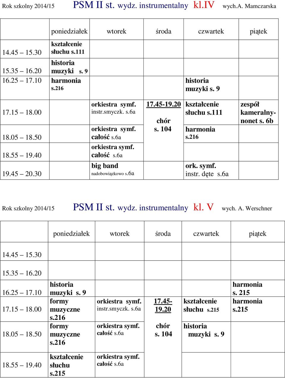 dęte s.6a kameralnynonet s. 6b Rok szkolny 2014/15 PSM II st. wydz. instrumentalny kl. V wych. A. Werschner s.