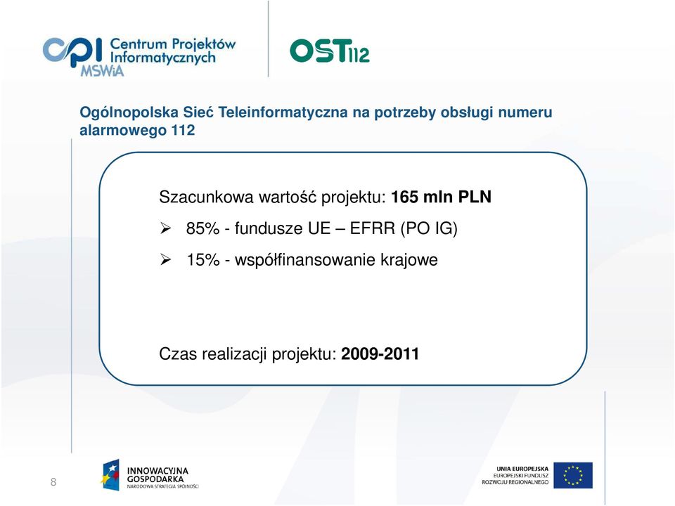 projektu: 165 mln PLN 85% - fundusze UE EFRR (PO IG)