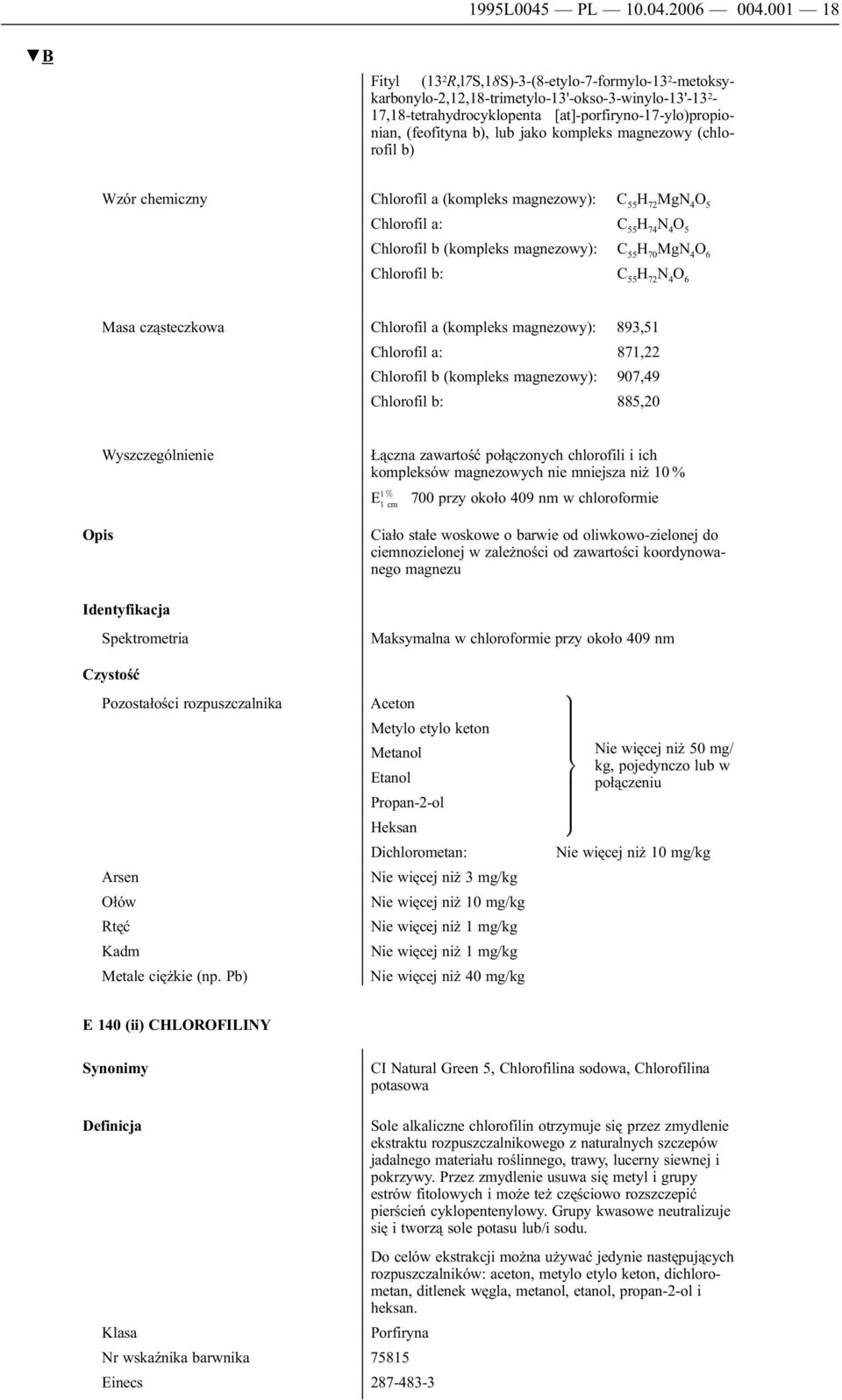 jako kompleks magnezowy (chlorofil b) Wzór chemiczny Chlorofil a (kompleks magnezowy): C 55 H 72 MgN 4 O 5 Chlorofil a: C 55 H 74 N 4 O 5 Chlorofil b (kompleks magnezowy): C 55 H 70 MgN 4 O 6