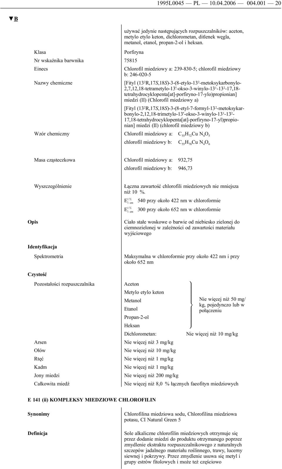 2,7,12,18-tetrametylo-13'-okso-3-winylo-13 1-13 2-17,18- tetrahydrocyklopenta[at]-porfiryno-17-ylo)propionian] miedzi (II) (Chlorofil miedziowy a) [Fityl (13 2 R,17S,18S)-3-(8-etyl-7-formyl-13 2