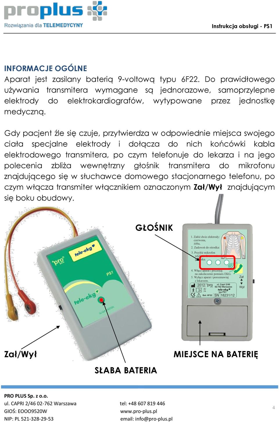 Gdy pacjent źle się czuje, przytwierdza w odpowiednie miejsca swojego ciała specjalne elektrody i dołącza do nich końcówki kabla elektrodowego transmitera, po czym