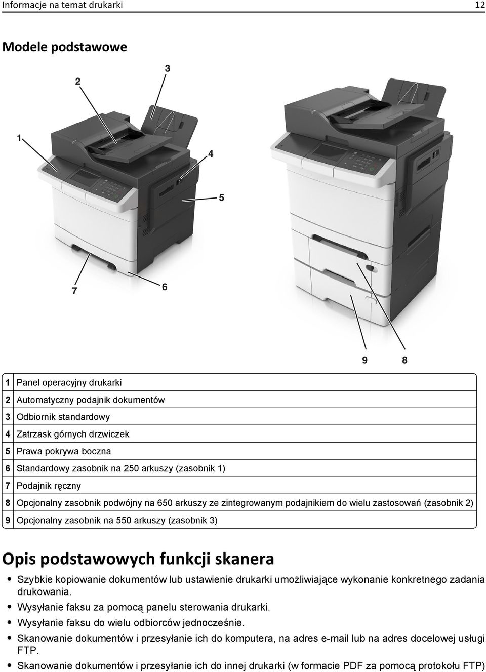 550 arkuszy (zasobnik 3) Opis podstawowych funkcji skanera Szybkie kopiowanie dokumentów lub ustawienie drukarki umożliwiające wykonanie konkretnego zadania drukowania.