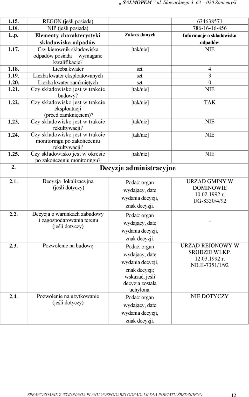 Czy składowisko jest w trakcie eksploatacji (przed zamknięciem)? 1.23. Czy składowisko jest w trakcie rekultywacji? 1.24. Czy składowisko jest w trakcie monitoringu po zakończeniu rekultywacji? 1.25.