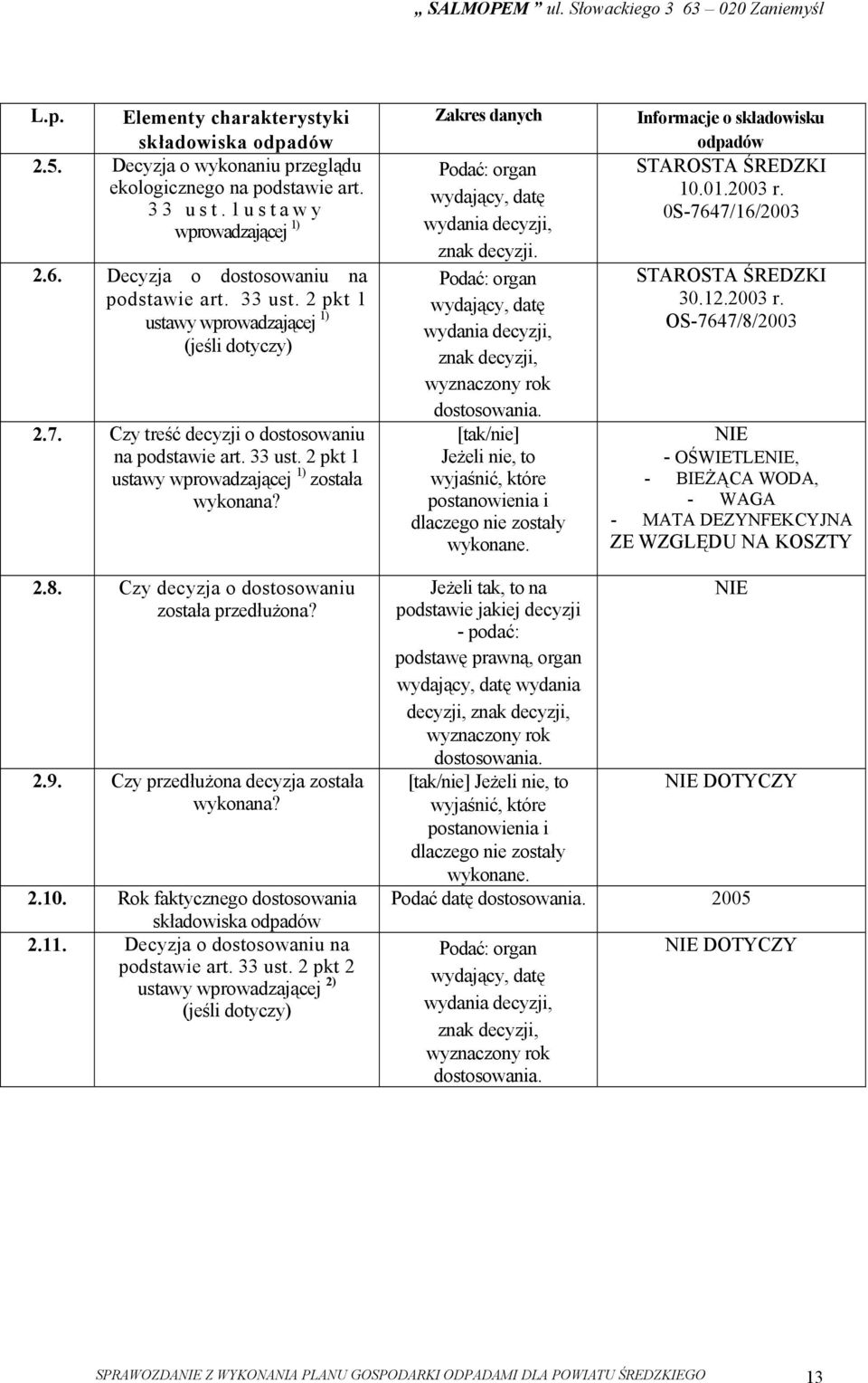 Jeżeli nie, to wyjaśnić, które postanowienia i dlaczego nie zostały wykonane. Informacje o składowisku STAROSTA ŚREDZKI 10.01.2003 r.