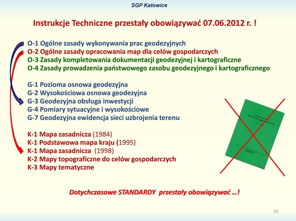 kartograficzne O-4 Zasady prowadzenia państwowego zasobu geodezyjnego i kartograficznego G-1 Pozioma osnowa geodezyjna G-2 Wysokościowa osnowa geodezyjna G-3 Geodezyjna