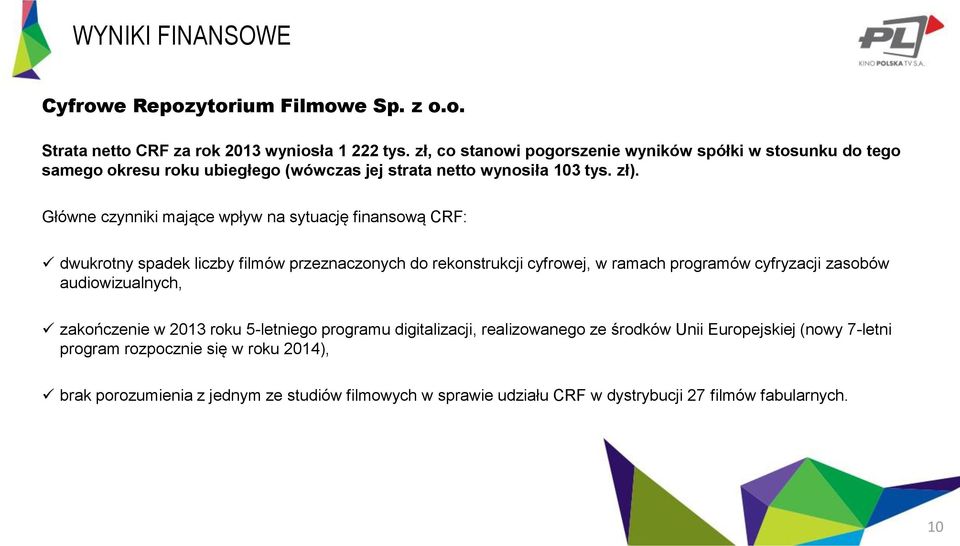 Główne czynniki mające wpływ na sytuację finansową CRF: dwukrotny spadek liczby filmów przeznaczonych do rekonstrukcji cyfrowej, w ramach programów cyfryzacji zasobów