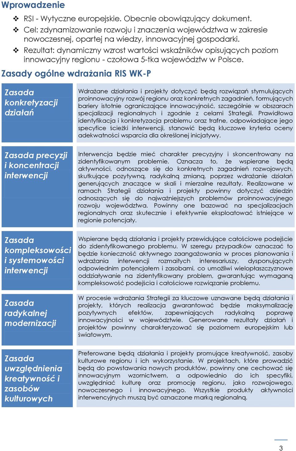 Zasady ogólne wdrażania RIS WK-P Zasada konkretyzacji działań Zasada precyzji i koncentracji interwencji Zasada kompleksowości i systemowości interwencji Zasada radykalnej modernizacji Zasada