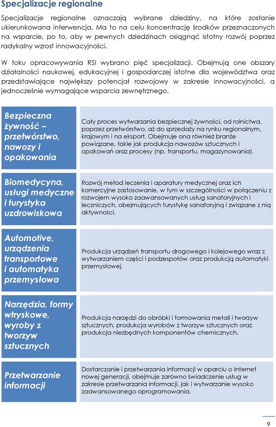 W toku opracowywania RSI wybrano pięć specjalizacji.