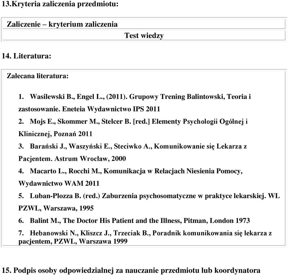 , Waszyński E., Steciwko A., Komunikowanie się Lekarza z Pacjentem. Astrum Wrocław, 2000 4. Macarto L., Rocchi M., Komunikacja w Relacjach Niesienia Pomocy, Wydawnictwo WAM 2011 5. Luban-Plozza B.