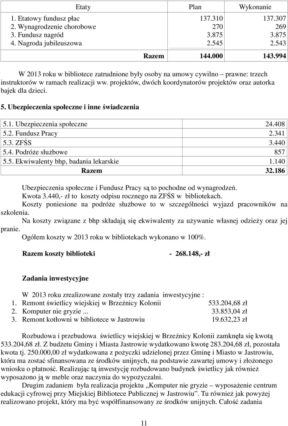 Ubezpieczenia społeczne i inne świadczenia 5.1. Ubezpieczenia społeczne 24.408 5.2. Fundusz Pracy 2.341 5.3. ZFŚS 3.440 5.4. PodróŜe słuŝbowe 857 5.5. Ekwiwalenty bhp, badania lekarskie 1.