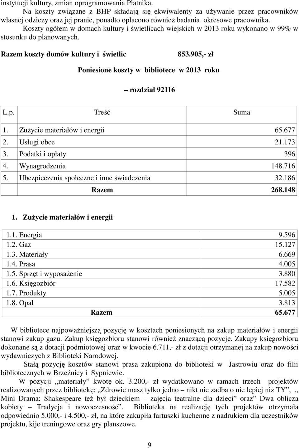 Koszty ogółem w domach kultury i świetlicach wiejskich w 2013 roku wykonano w 99% w stosunku do planowanych. Razem koszty domów kultury i świetlic 853.