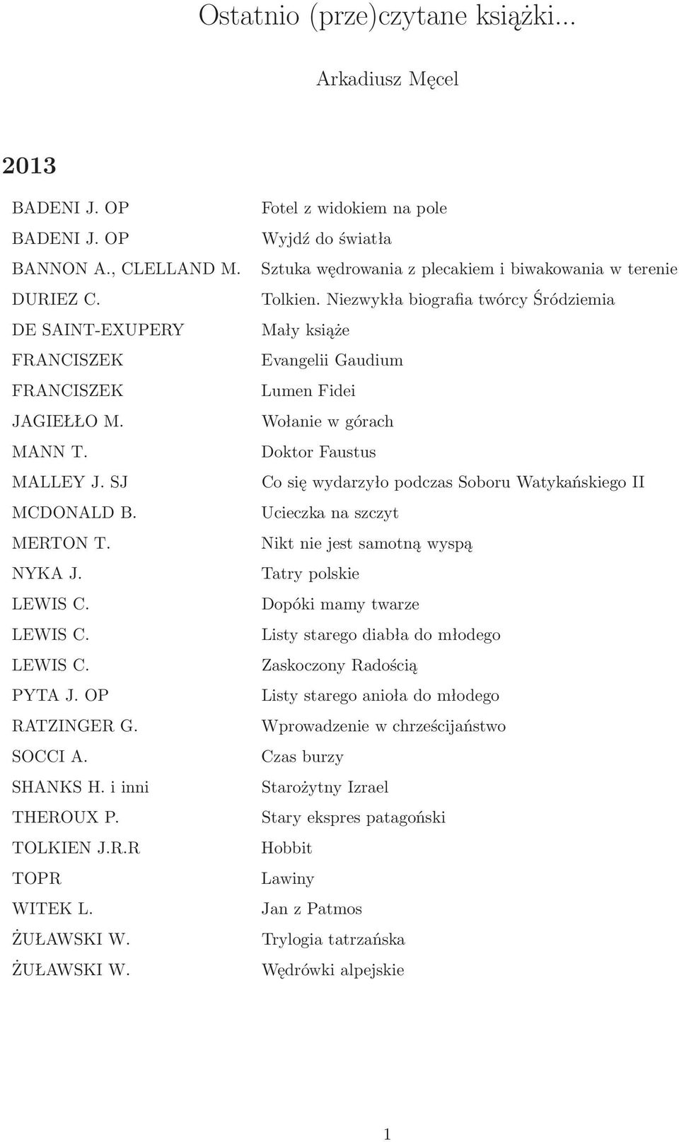 Niezwykła biografia twórcy Śródziemia DE SAINT-EXUPERY Mały książe FRANCISZEK Evangelii Gaudium FRANCISZEK Lumen Fidei JAGIEŁŁO M. Wołanie w górach MANN T. Doktor Faustus MALLEY J.