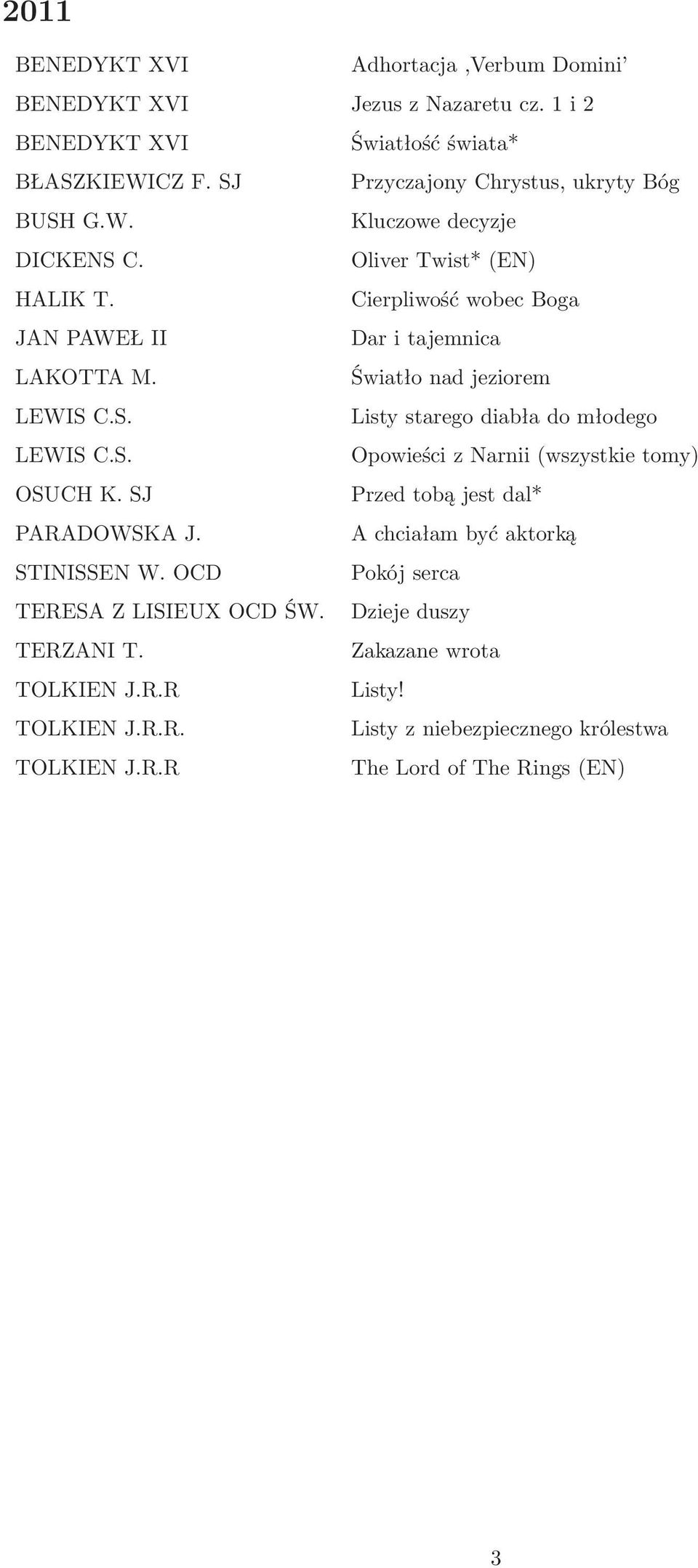 SJ Przed tobą jest dal* PARADOWSKA J. A chciałam być aktorką STINISSEN W. OCD Pokój serca TERESA Z LISIEUX OCD ŚW. Dzieje duszy TERZANI T. Zakazane wrota TOLKIEN J.R.R Listy!