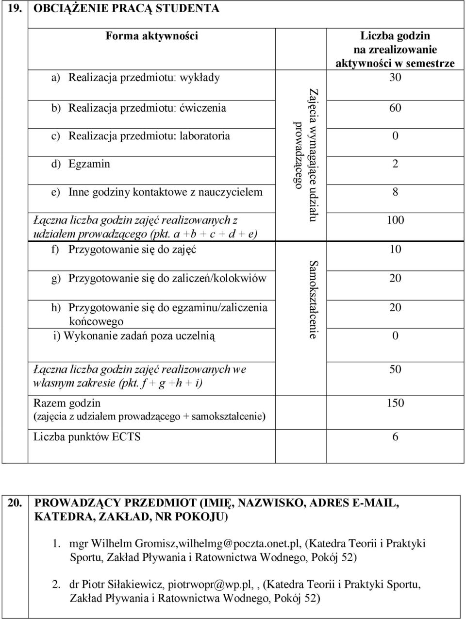 Egzamin 2 e) Inne godziny kontaktowe z nauczycielem 8 Łączna liczba godzin zajęć realizowanych z udziałem prowadzącego (pkt.