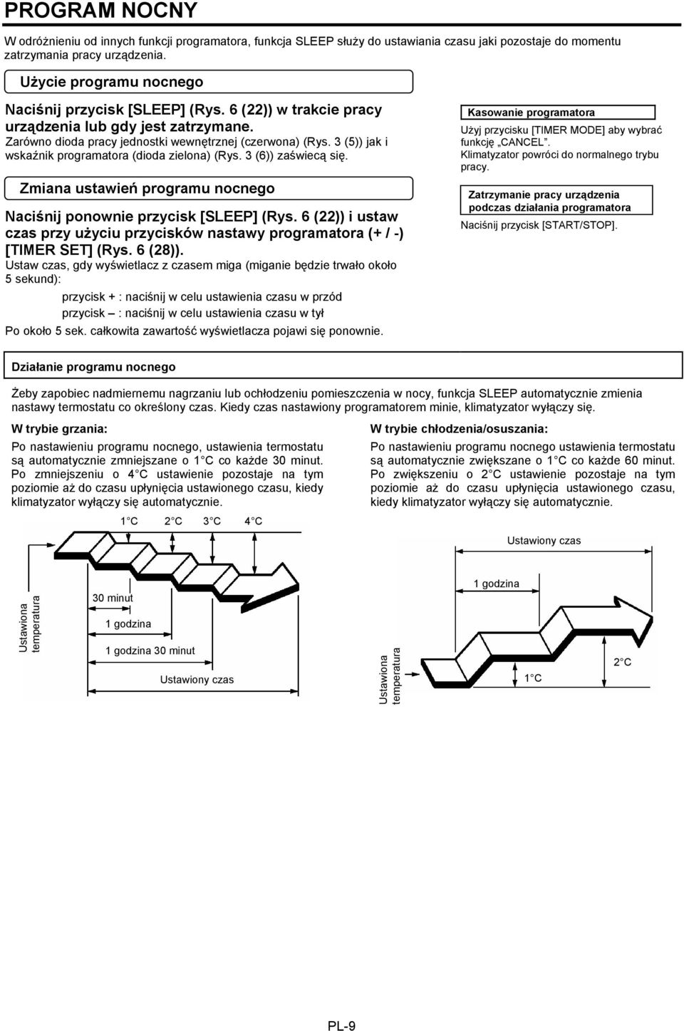 3 (5)) jak i wskaźnik programatora (dioda zielona) (Rys. 3 (6)) zaświecą się. Zmiana ustawień programu nocnego Naciśnij ponownie przycisk [SLEEP] (Rys.