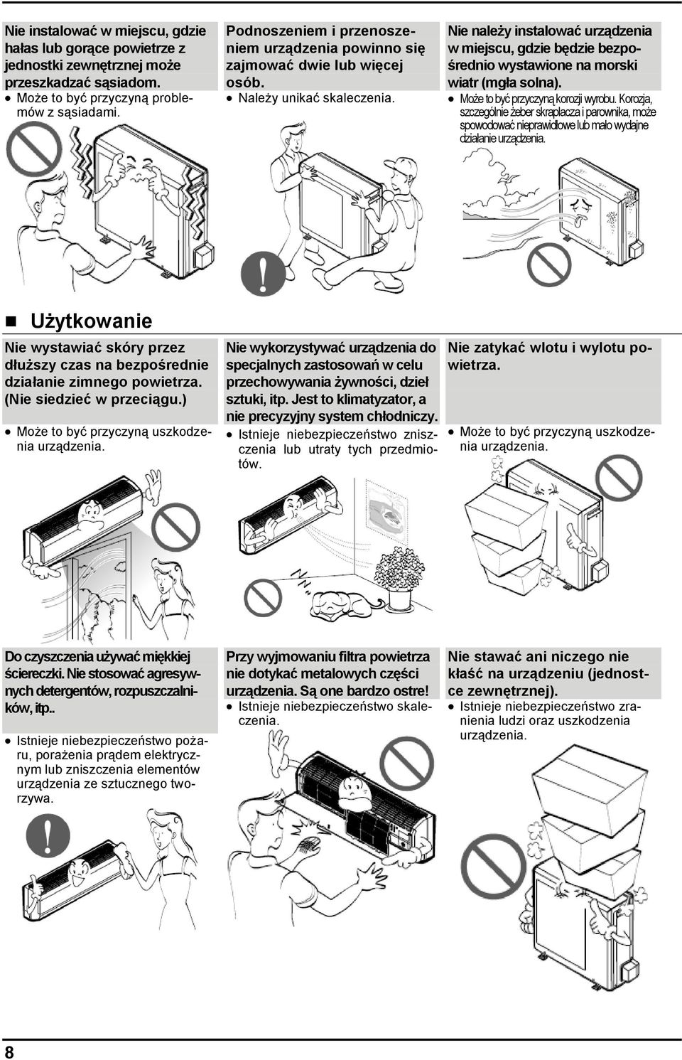Nie należy instalować urządzenia w miejscu, gdzie będzie bezpośrednio wystawione na morski wiatr (mgła solna). Może to być przyczyną korozji wyrobu.