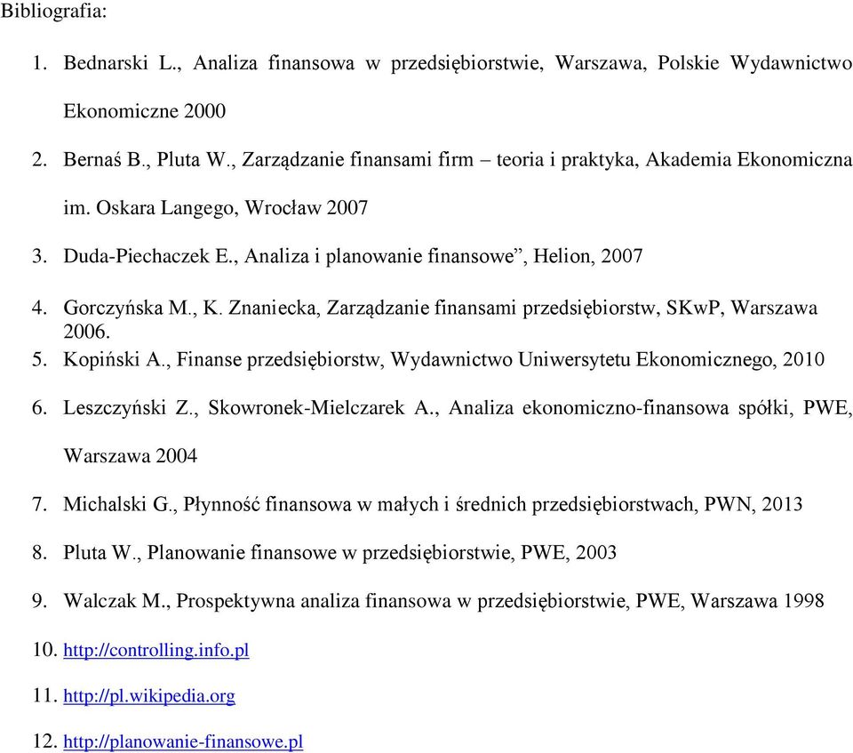 Znaniecka, Zarządzanie finansami przedsiębiorstw, SKwP, Warszawa 2006. 5. Kopiński A., Finanse przedsiębiorstw, Wydawnictwo Uniwersytetu Ekonomicznego, 2010 6. Leszczyński Z., Skowronek-Mielczarek A.
