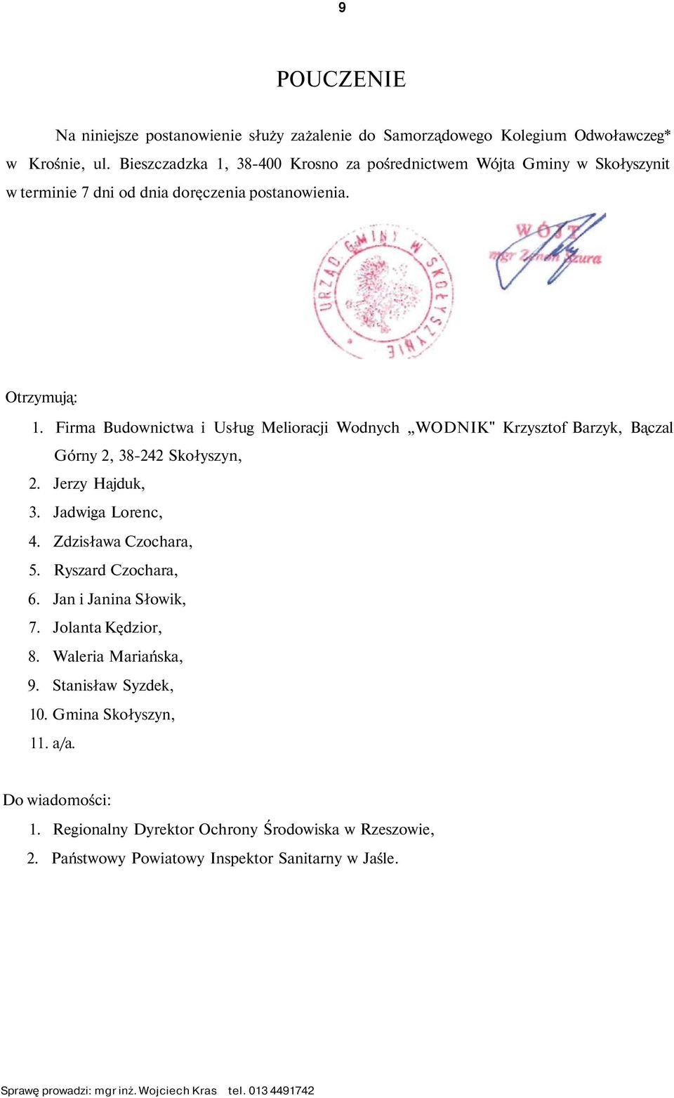 Firma Budownictwa i Usług Melioracji Wodnych WODNIK" Krzysztof Barzyk, Bączal Górny 2, 38-242 Skołyszyn, 2. Jerzy Hajduk, 3. Jadwiga Lorenc, 4. Zdzisława Czochara, 5.