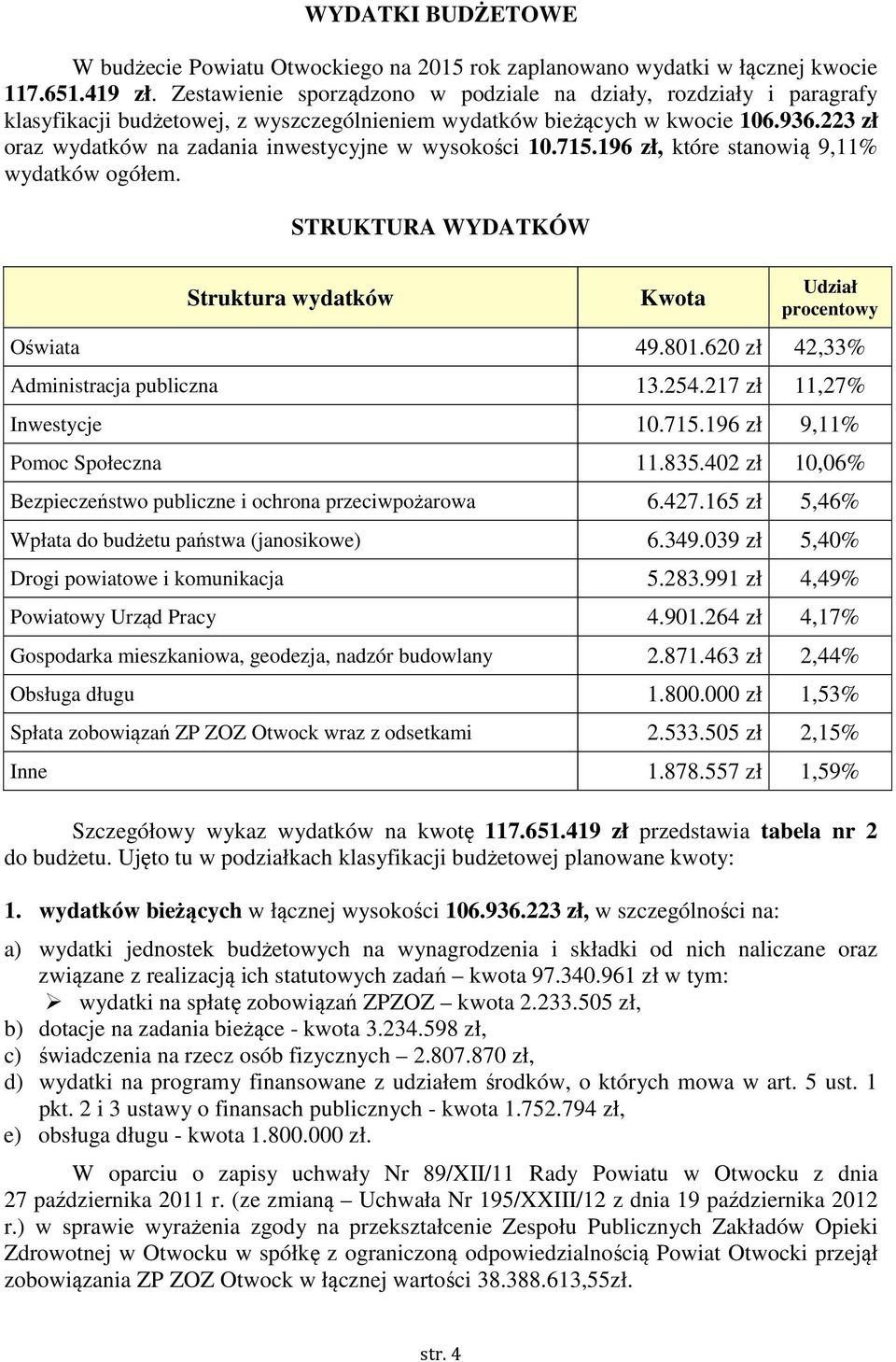 223 zł oraz wydatków na zadania inwestycyjne w wysokości 10.715.196 zł, które stanowią 9,11% wydatków ogółem. Struktura wydatków STRUKTURA WYDATKÓW Kwota Udział procentowy Oświata 49.801.