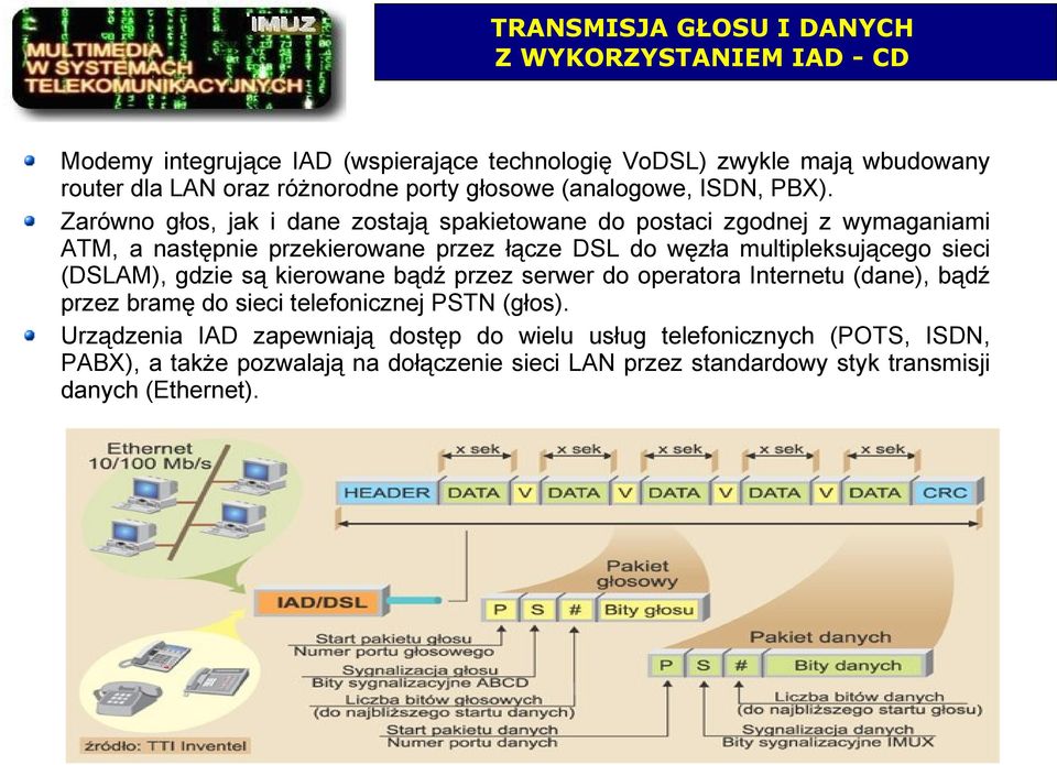 Zarówno głos, jak i dane zostają spakietowane do postaci zgodnej z wymaganiami ATM, a następnie przekierowane przez łącze DSL do węzła multipleksującego sieci