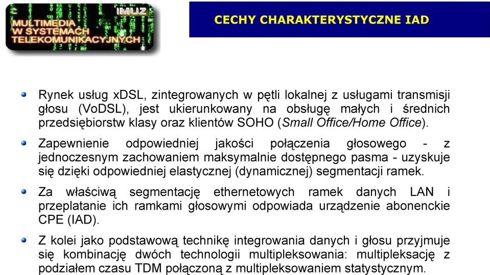 Zapewnienie odpowiedniej jakości połączenia głosowego - z jednoczesnym zachowaniem maksymalnie dostępnego pasma - uzyskuje się dzięki odpowiedniej elastycznej (dynamicznej) segmentacji ramek.