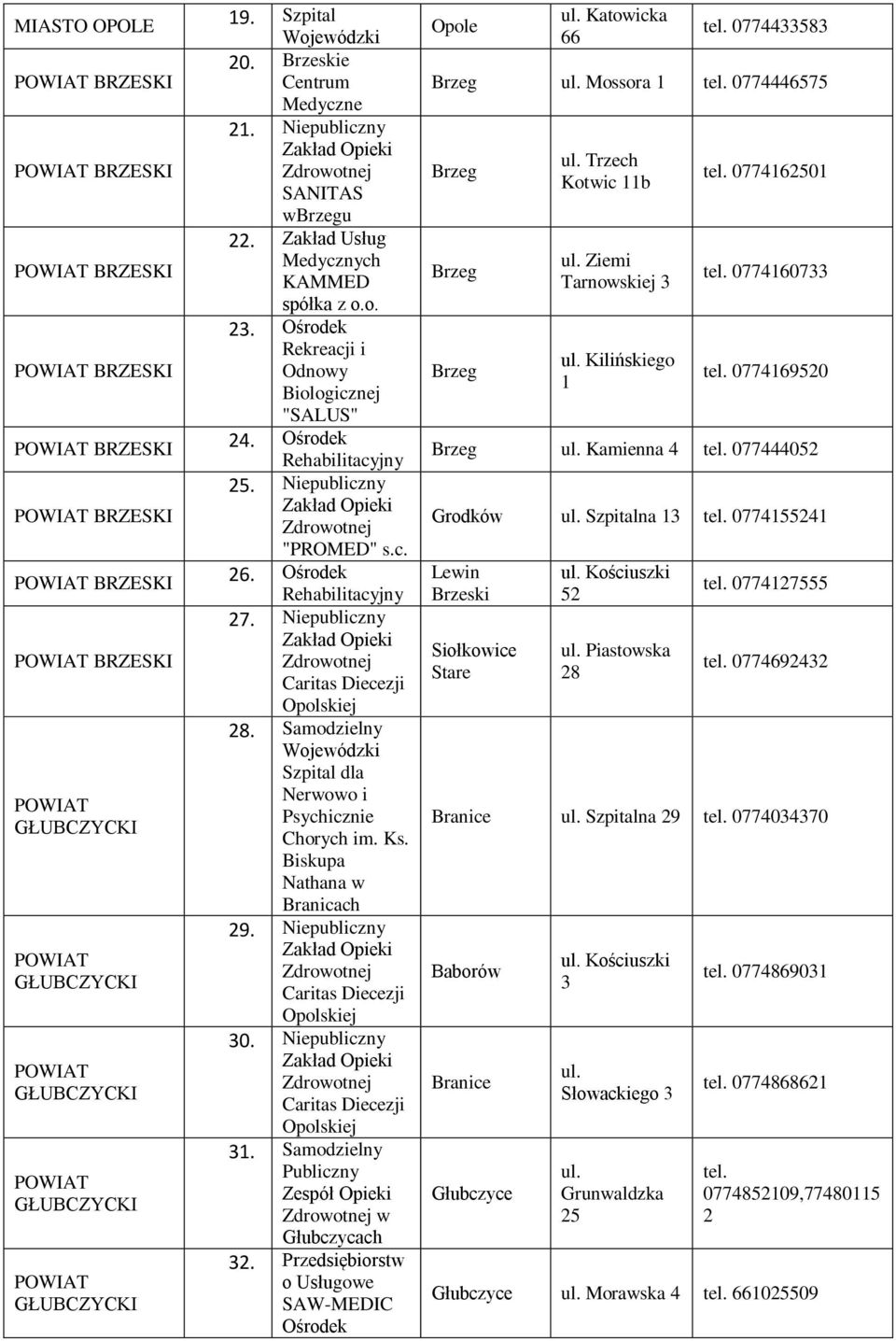 Samodzielny Wojewódzki Szpital dla Nerwowo i Psychicznie Chorych im. Ks. Biskupa Nathana w Branicach 29. Niepubliczny 30. Niepubliczny 31. Samodzielny w Głubczycach 32.