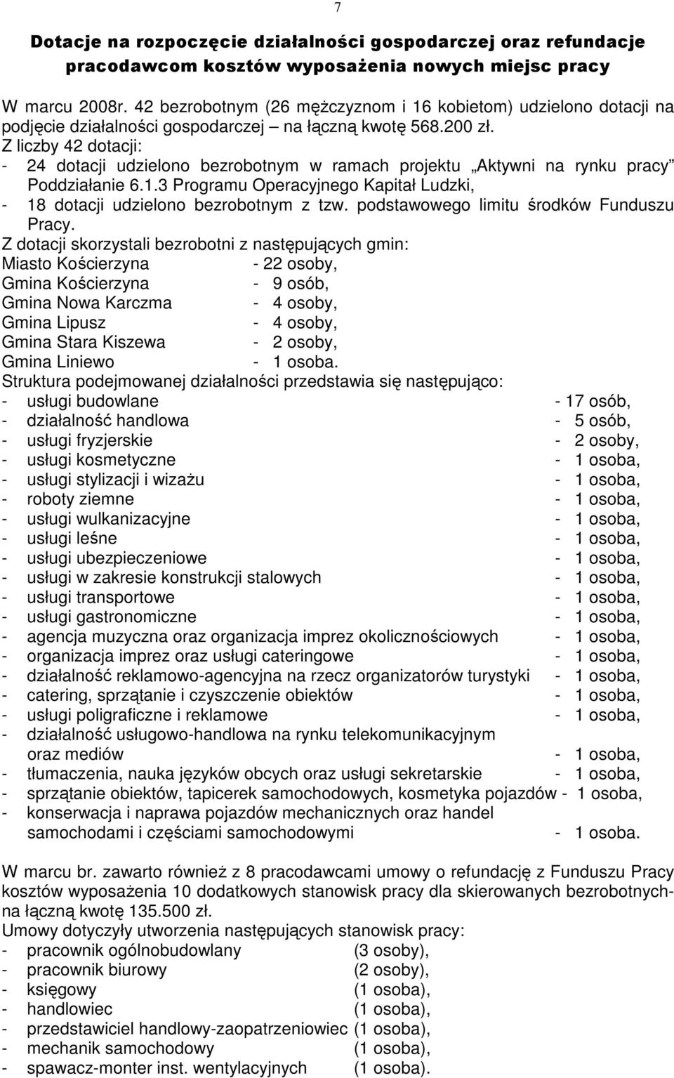 Z liczby 42 dotacji: - 24 dotacji udzielono bezrobotnym w ramach projektu Aktywni na rynku pracy Poddziałanie 6.1.3 Programu Operacyjnego Kapitał Ludzki, - 18 dotacji udzielono bezrobotnym z tzw.