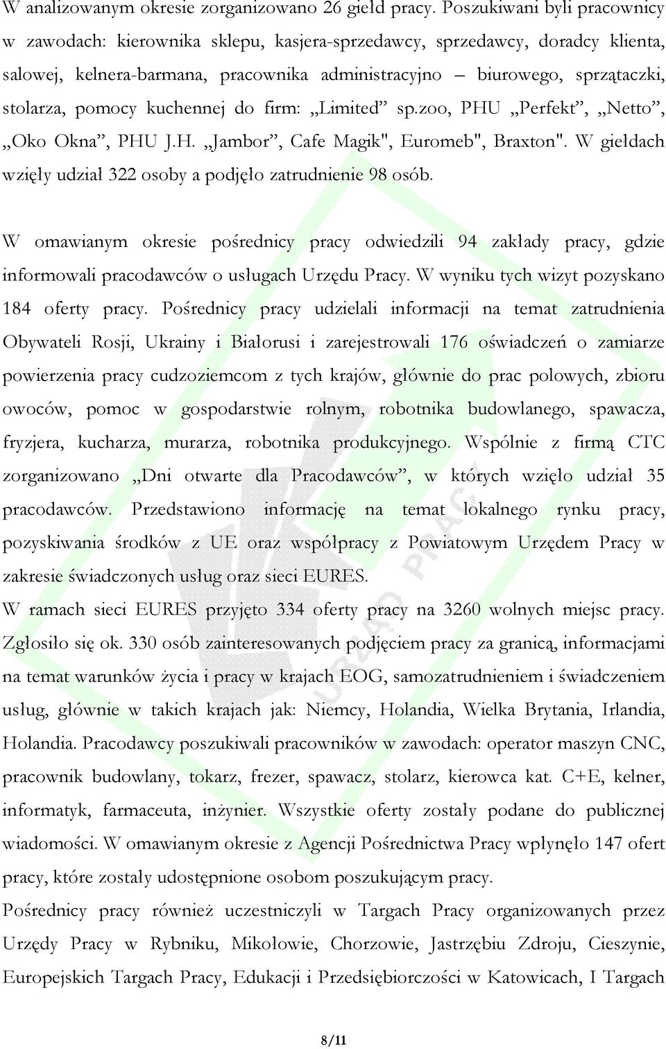 pomocy kuchennej do firm: Limited sp.zoo, PHU Perfekt, Netto, Oko Okna, PHU J.H. Jambor, Cafe Magik", Euromeb", Braxton". W giełdach wzięły udział 322 osoby a podjęło zatrudnienie 98 osób.