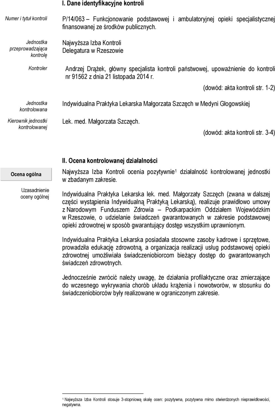 Najwyższa Izba Kontroli Delegatura w Rzeszowie Andrzej Drążek, główny specjalista kontroli państwowej, upoważnienie do kontroli nr 91562 z dnia 21 listopada 2014 r. (dowód: akta kontroli str.