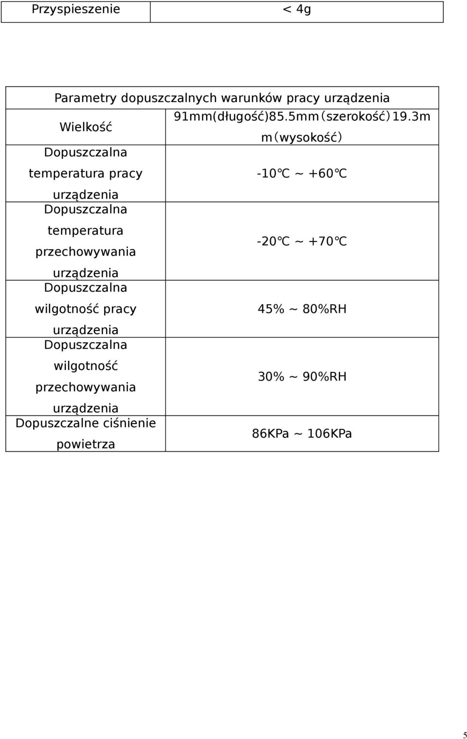 3m Wielkość m(wysokość) Dopuszczalna temperatura pracy -10 ~ +60 urządzenia Dopuszczalna temperatura