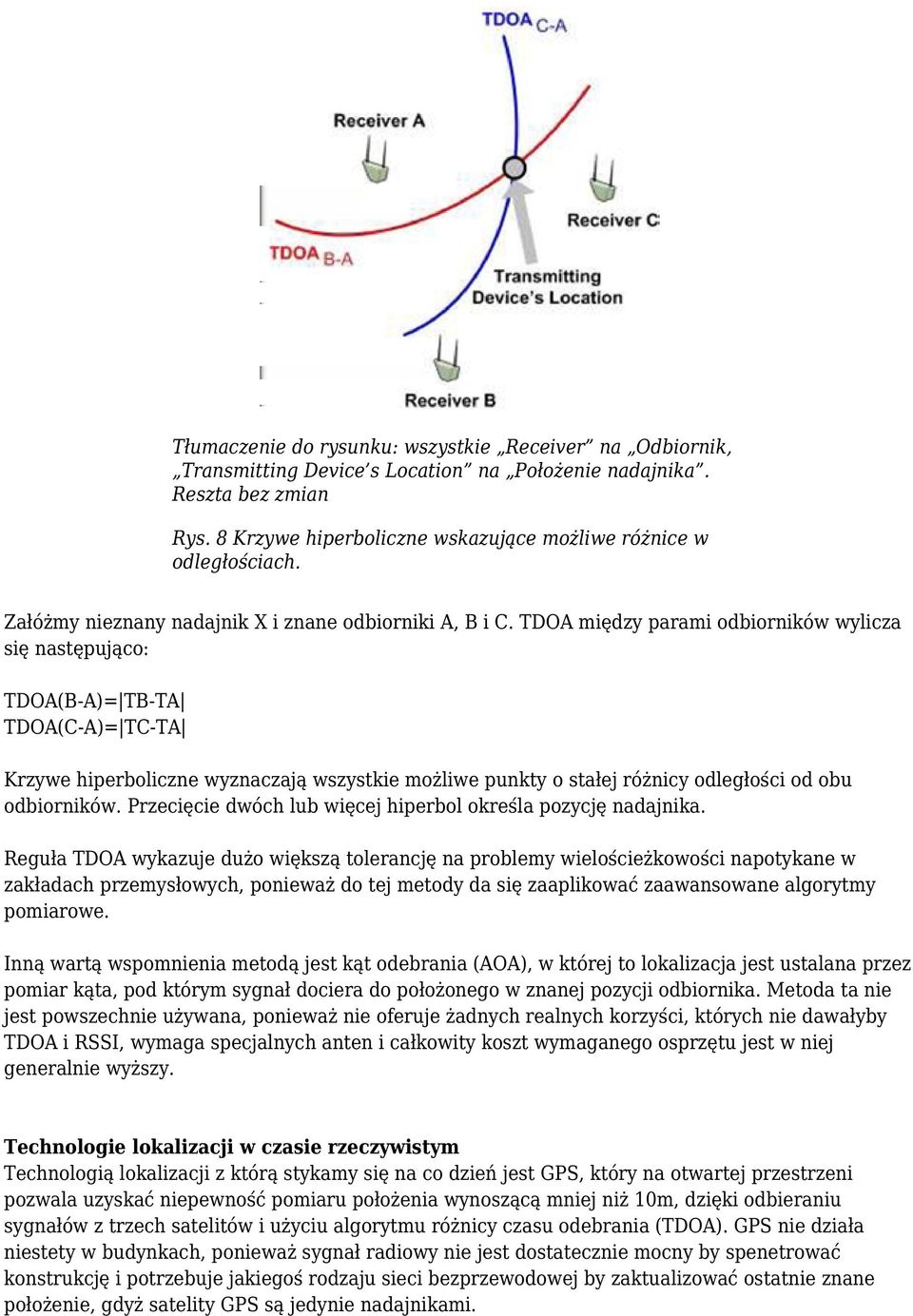 TDOA między parami odbiorników wylicza się następująco: TDOA(B-A)= TB-TA TDOA(C-A)= TC-TA Krzywe hiperboliczne wyznaczają wszystkie możliwe punkty o stałej różnicy odległości od obu odbiorników.