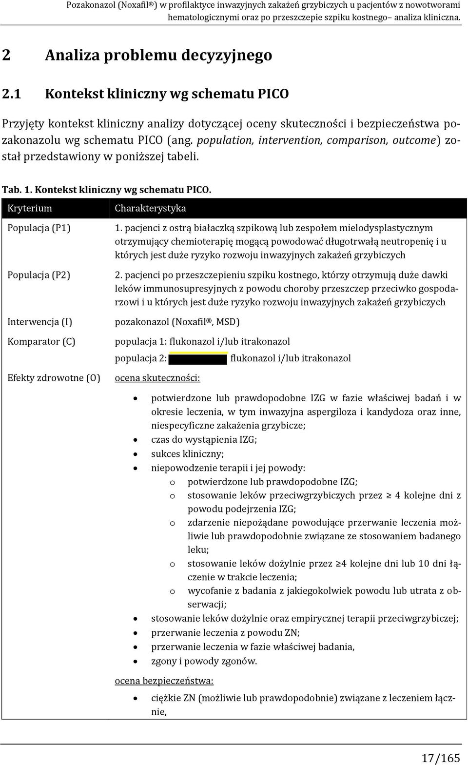 population, intervention, comparison, outcome) został przedstawiony w poniższej tabeli. Tab. 1. Kontekst kliniczny wg schematu PICO.