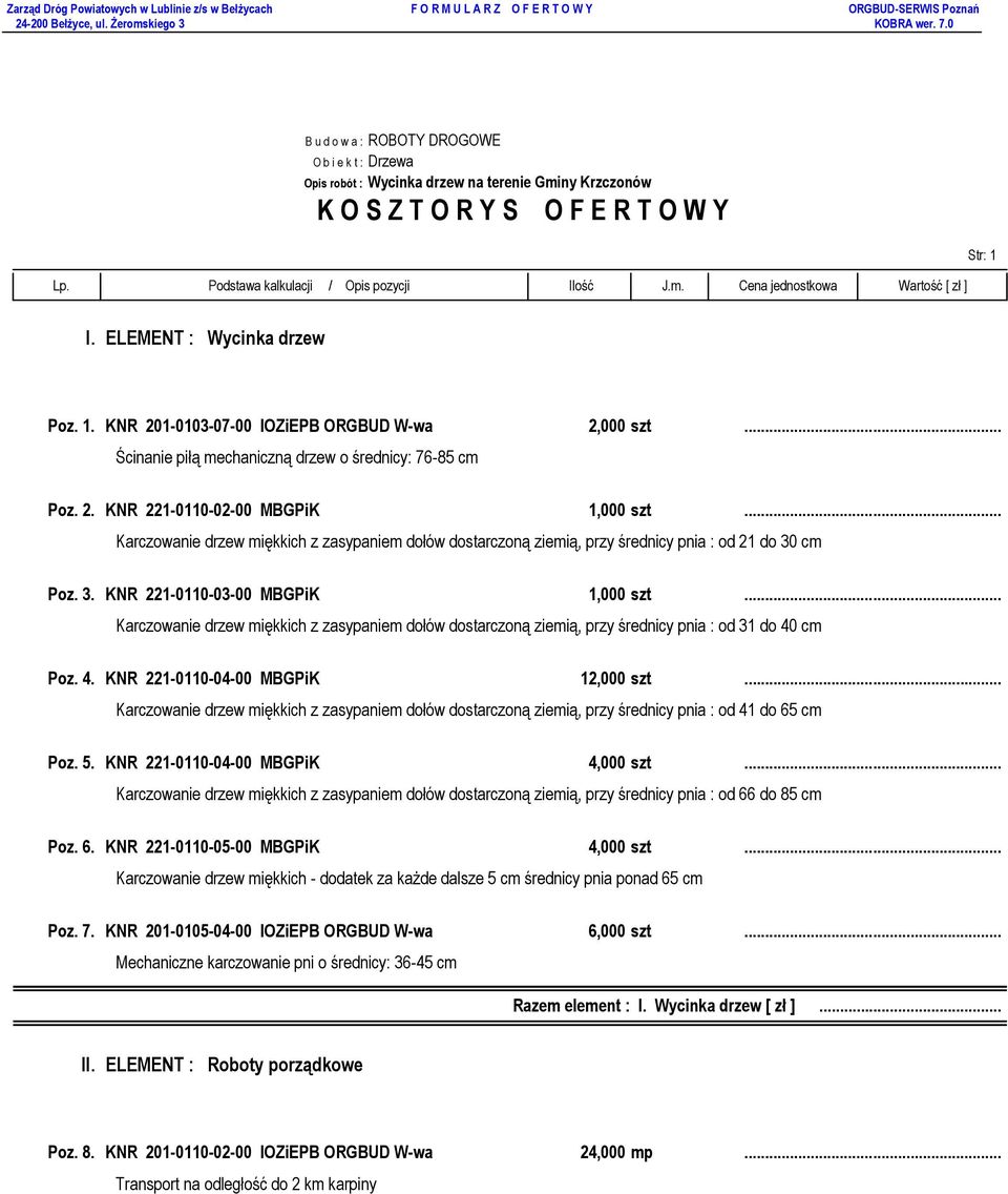 ..... Karczowanie drzew miękkich z zasypaniem dołów dostarczoną ziemią, przy średnicy pnia : od 21 do 30 cm Poz. 3. KNR 221-0110-03-00 MBGPiK 1,000 szt.