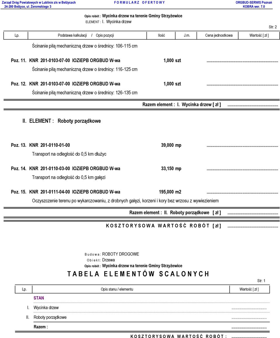 ..... Ścinanie piłą mechaniczną drzew o średnicy: 126-135 cm Razem element : I. Wycinka drzew [ zł ]... II. ELEMENT : Roboty porządkowe Poz. 13. KNR 201-0110-01-00 39,000 mp.