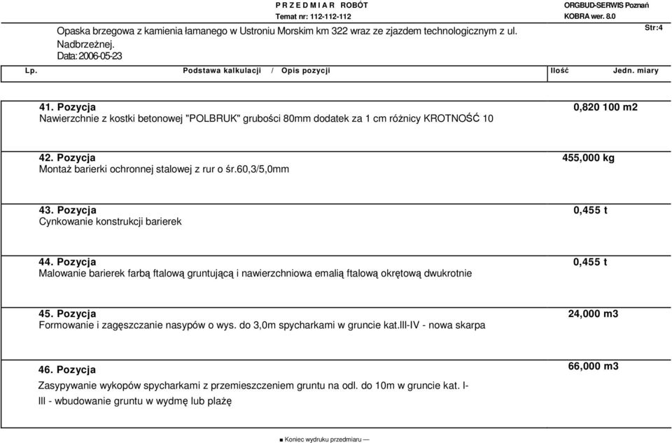 60,3/5,0mm 455,000 kg 43. Pozycja Cynkowanie konstrukcji barierek 0,455 t 44.