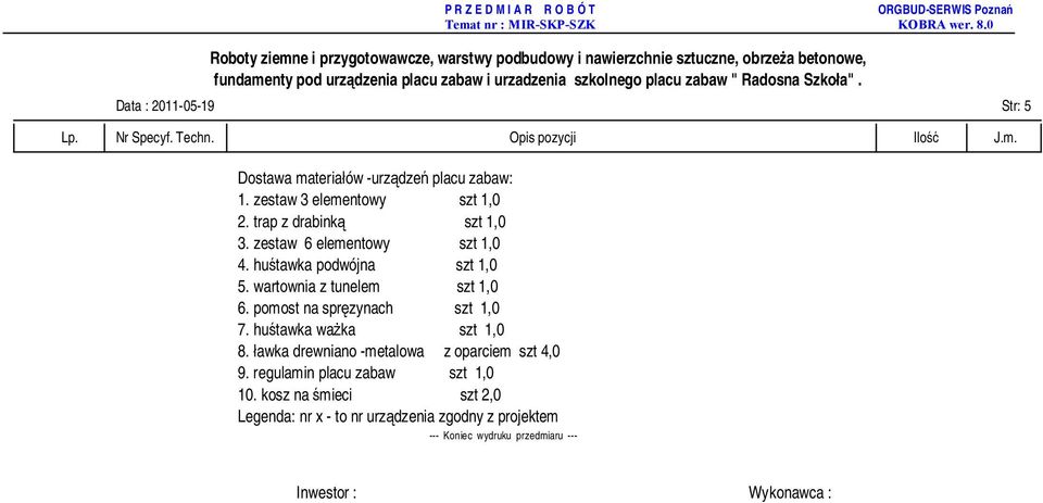 pomost na spręzynach szt 1,0 7. huśtawka ważka szt 1,0 8. ławka drewniano -metalowa z oparciem szt 4,0 9.