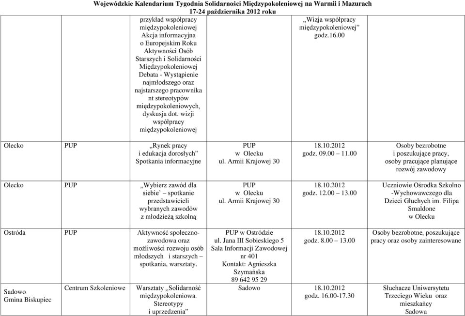 wizji współpracy międzypokoleniowej Olecko Rynek pracy i edukacja dorosłych Spotkania informacyjne w Olecku ul. Armii Krajowej 30 godz. 09.00 11.