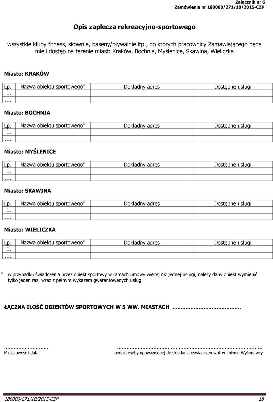 ... Miasto: BOCHNIA Lp. Nazwa obiektu sportowego Dokładny adres Dostępne usługi 1.... Miasto: MYŚLENICE Lp. Nazwa obiektu sportowego Dokładny adres Dostępne usługi 1.... Miasto: SKAWINA Lp.