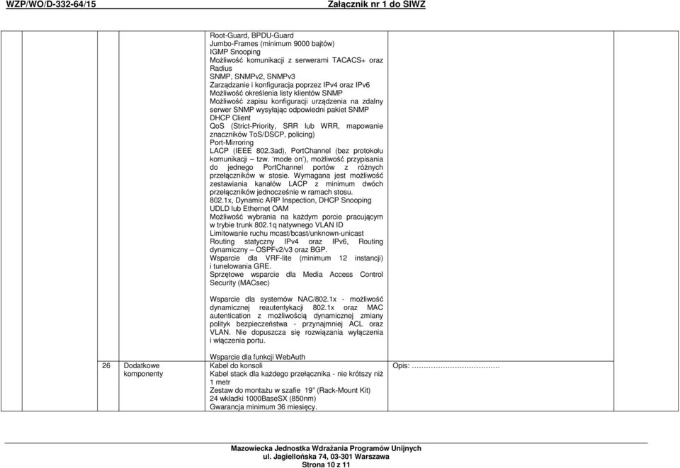 znaczników ToS/DSCP, policing) Port-Mirroring LACP (IEEE 802.3ad), PortChannel (bez protokołu komunikacji tzw.