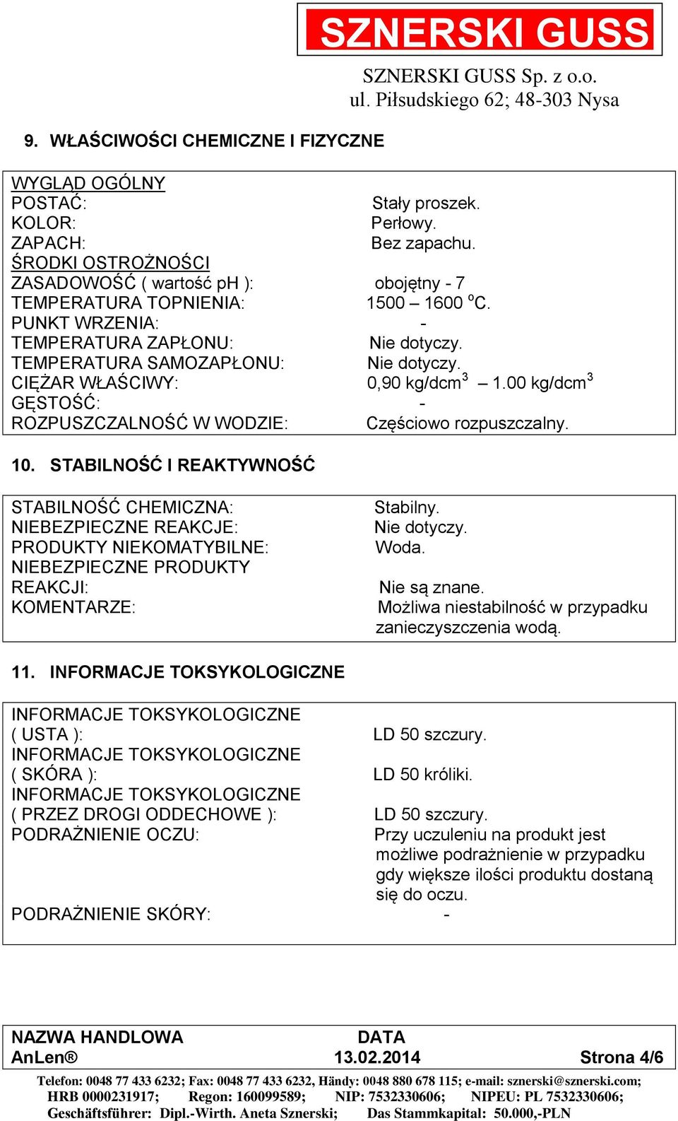 00 kg/dcm 3 GĘSTOŚĆ: - ROZPUSZCZALNOŚĆ W WODZIE: Częściowo rozpuszczalny. 10.