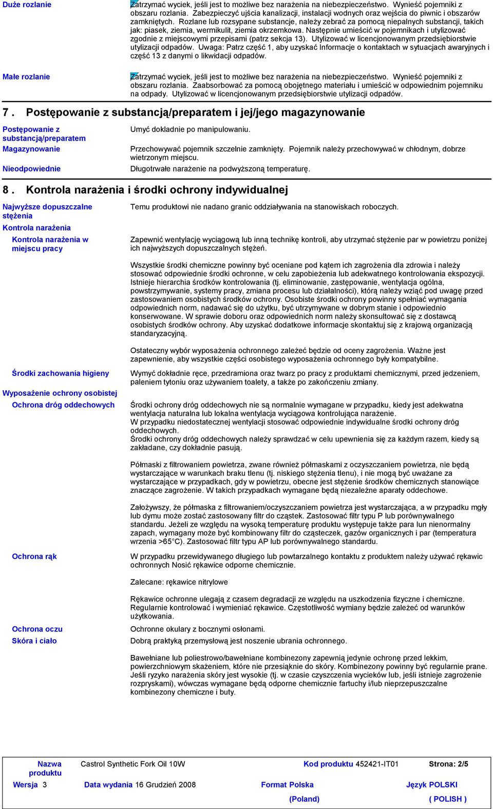 Rozlane lub rozsypane substancje, należy zebrać za pomocą niepalnych substancji, takich jak: piasek, ziemia, wermikulit, ziemia okrzemkowa.