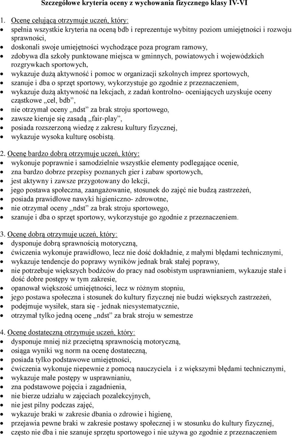 pomoc w organizacji szkolnych imprez sportowych, szanuje i dba o sprzęt sportowy, wykorzystuje go zgodnie z przeznaczeniem, wykazuje dużą aktywność na lekcjach, z zadań kontrolno- oceniających