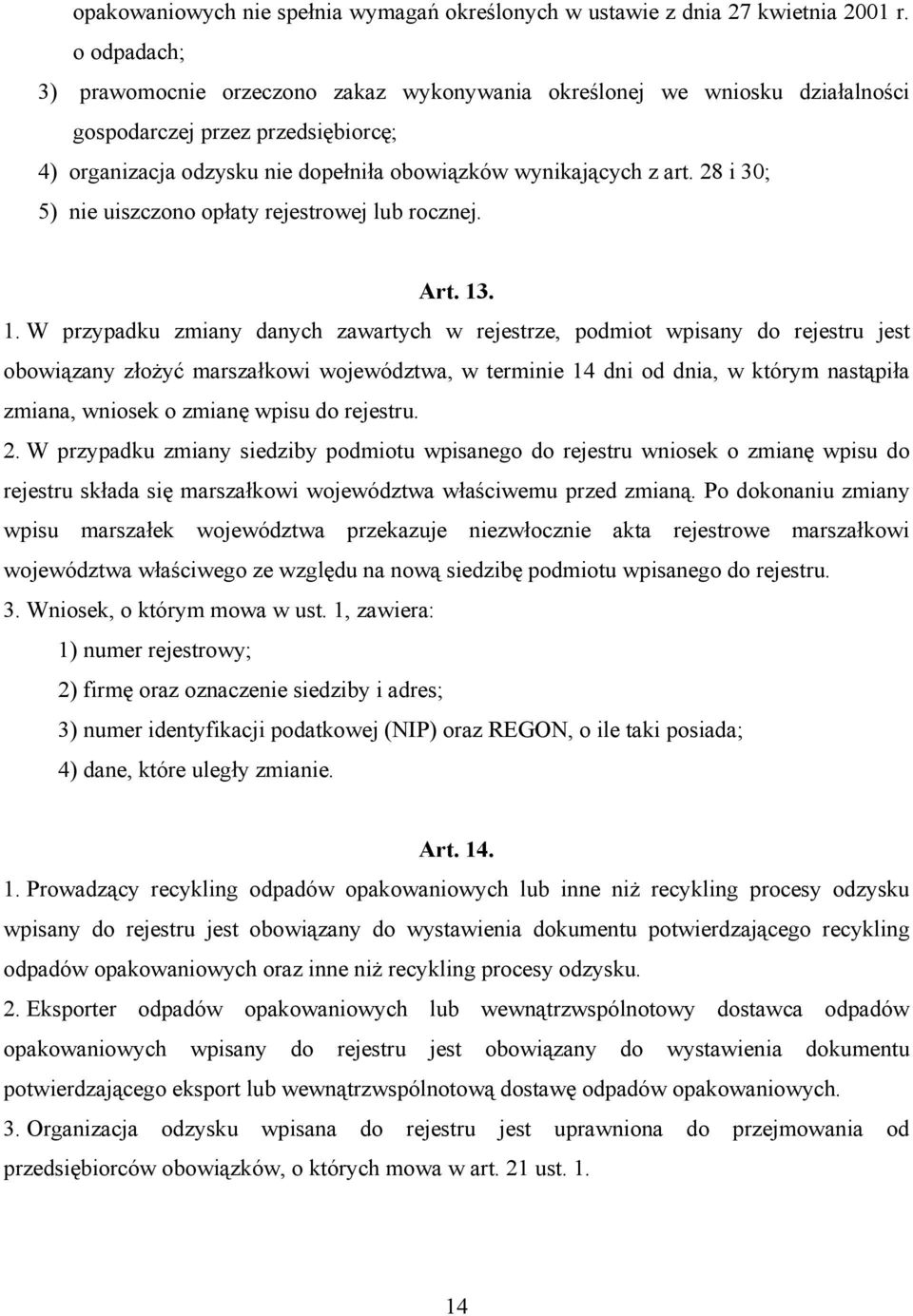 28 i 30; 5) nie uiszczono opłaty rejestrowej lub rocznej. Art. 13