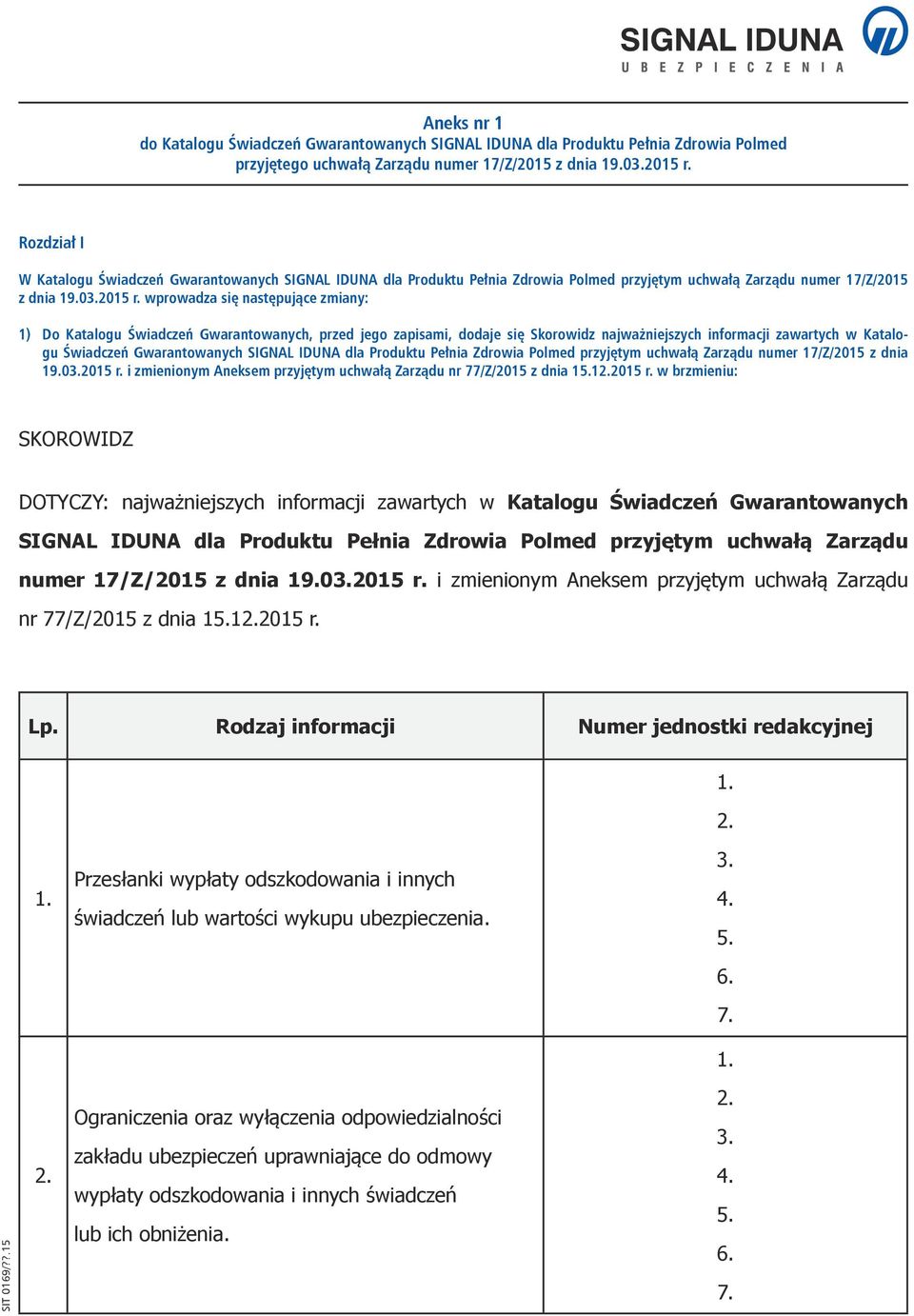 wprowadza się następujące zmiany: 1) Do Katalogu Świadczeń Gwarantowanych, przed jego zapisami, dodaje się Skorowidz najważniejszych informacji zawartych w Katalogu Świadczeń Gwarantowanych SIGNAL