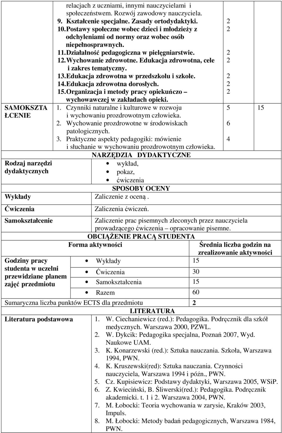 Edukacja zdrowotna, cele i zakres tematyczny. 3. Edukacja zdrowotna w przedszkolu i szkole. 4. Edukacja zdrowotna dorosłych. 5. Organizacja i metody pracy opiekuńczo wychowawczej w zakładach opieki.