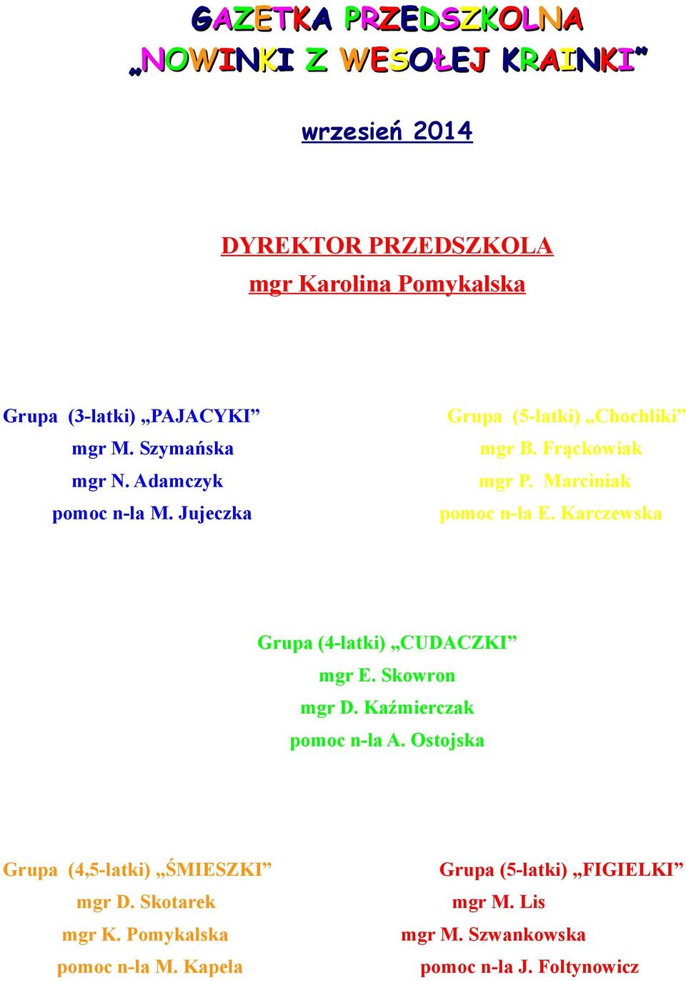 Marciniak pomoc n-la E. Karczewska Grupa (4-latki) CUDACZKI mgr E. Skowron mgr D. Kaźmierczak pomoc n-la A.