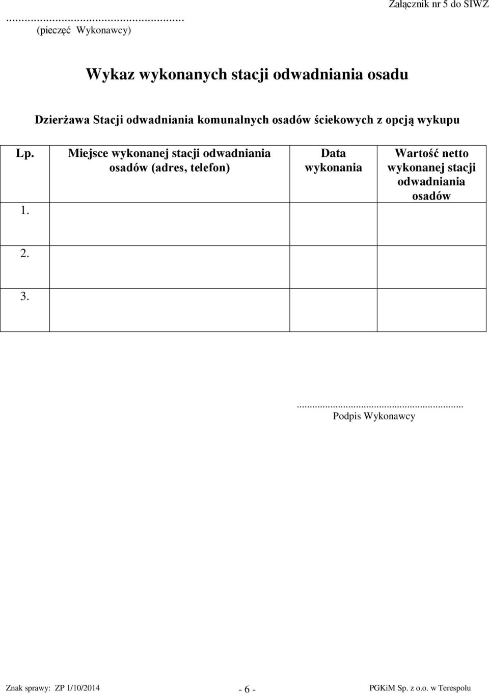 Miejsce wykonanej stacji odwadniania osadów (adres, telefon)