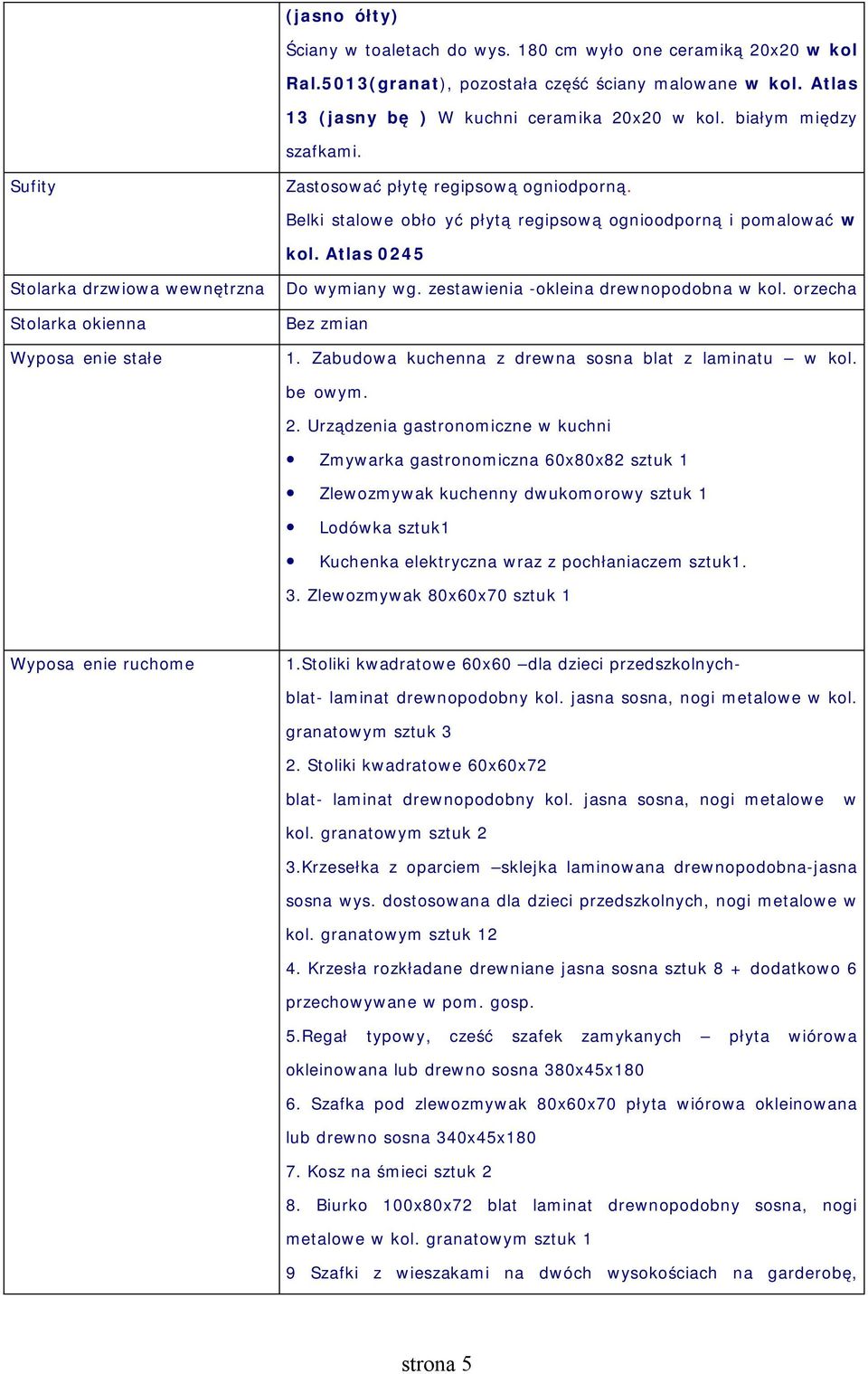 Belki stalowe obłożyć płytą regipsową ognioodporną i pomalować ᆇ喇 ᖷ吗 0ᐧ噷ᐧ噷5 Do wymiany wg. zestawienia -okleina drewnopodobna w kol. orzecha 1. Zabudowa kuchenna z drewna sosna blat z laminatu w kol.