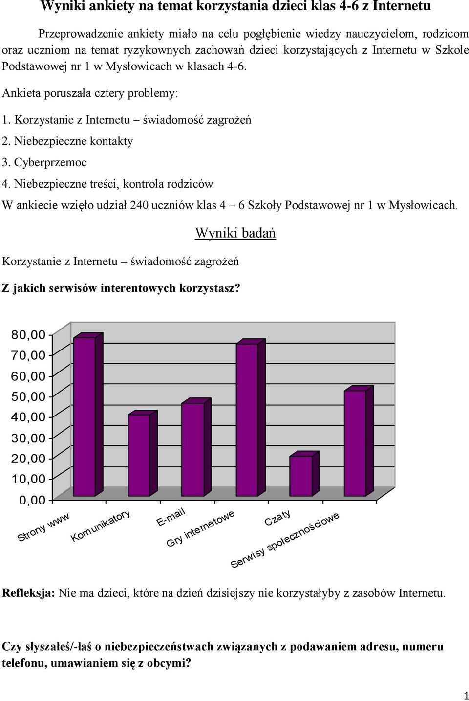 Cyberprzemoc 4. Niebezpieczne treści, kontrola rodziców W ankiecie wzięło udział 240 uczniów klas 4 6 Szkoły Podstawowej nr 1 w Mysłowicach.